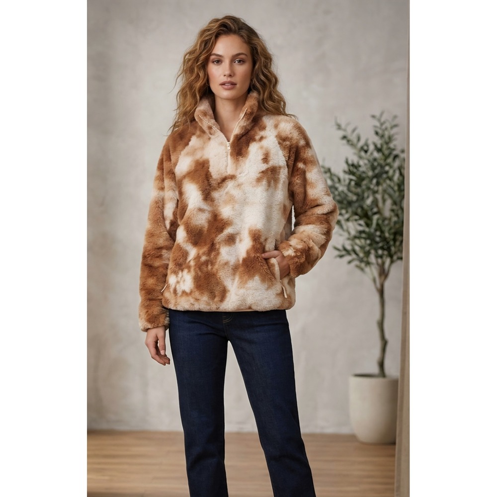 Entro Brown Cream Tie Dye Faux Fur Quarter Zip Fleece Pullover J14717 Large